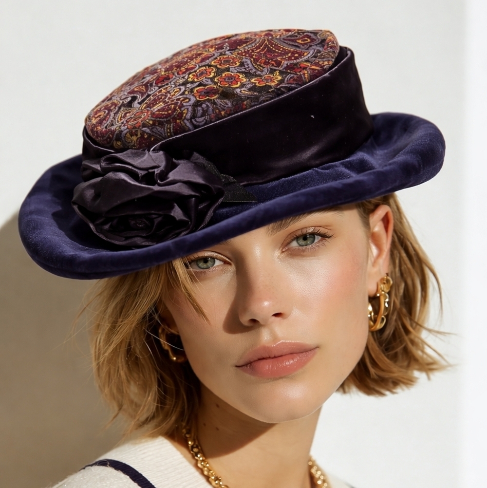 Maggie Mae Elegant Purple Velvet Hat with Paisley Design